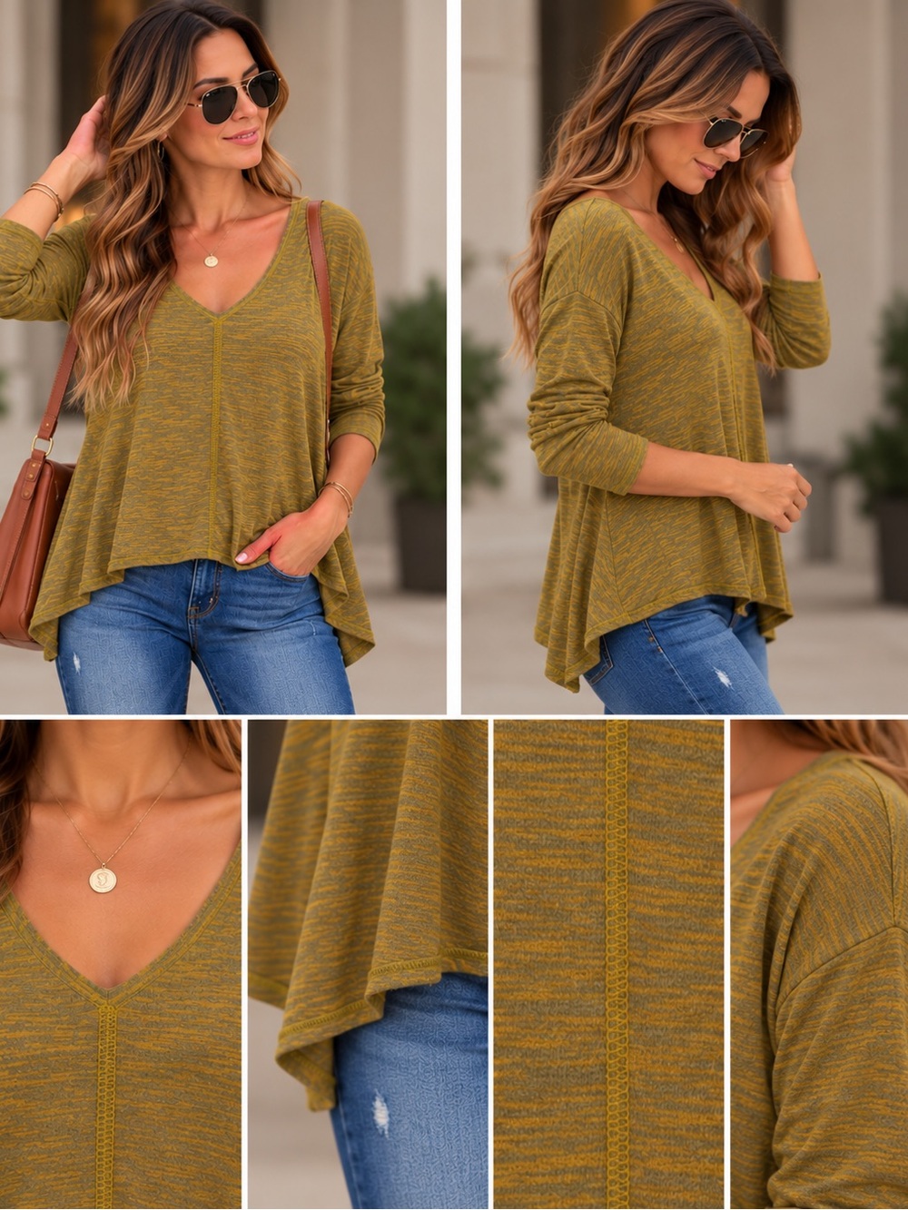 Chelsea & Violet Mustard Heathered V-Neck Top – Size Small 🤎 - Picture 2 of 9
